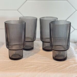 Set of Four Ribbed Smoke Gray Glass Tumblers